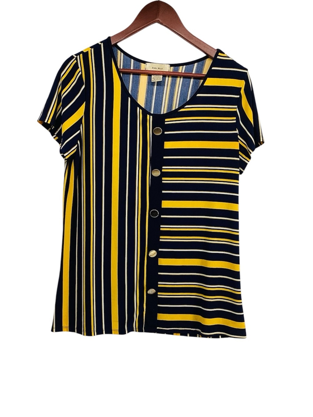 🐵 Dana Buchman Navy and Mustard Striped Short-Sleeve Button Accent Top, Size L